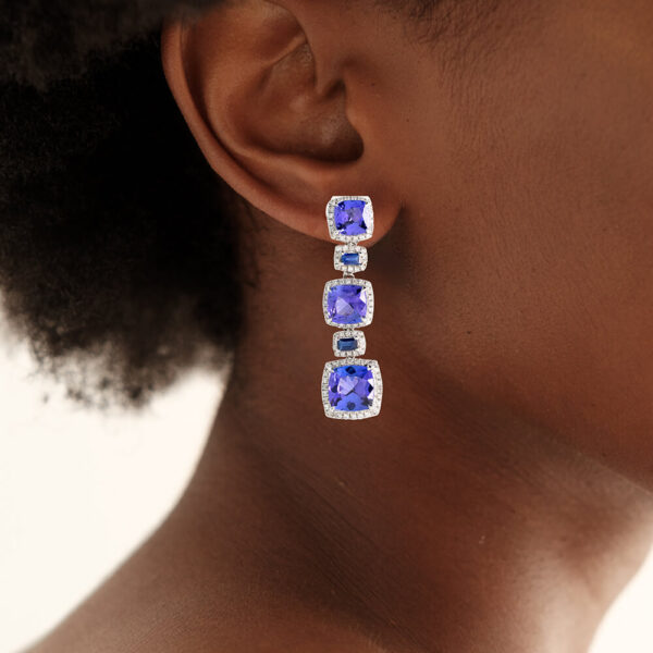 18K White Gold Tanzanite and 200 Diamond Drop Earrings - Image 3