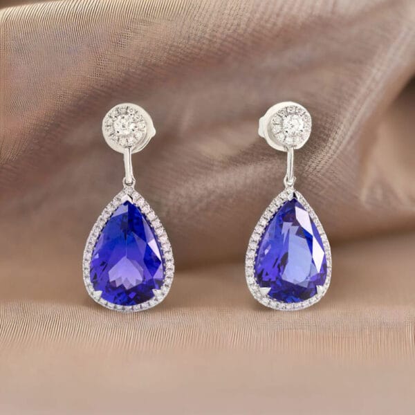 18K White Gold Tanzanite and 96 Diamond Drop Earrings - Image 2