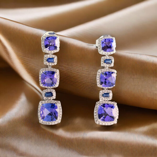 18K White Gold Tanzanite and 200 Diamond Drop Earrings - Image 2