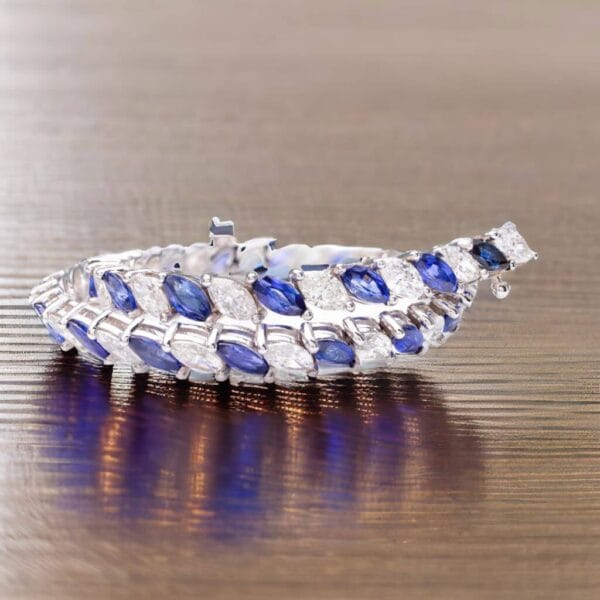 18K White Gold Marquise Diamond and Sapphire Tennis Bracelet - Image 2